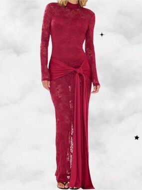 Red Lace Mesh Long Sleeve High Neck Sheer Maxi Dress